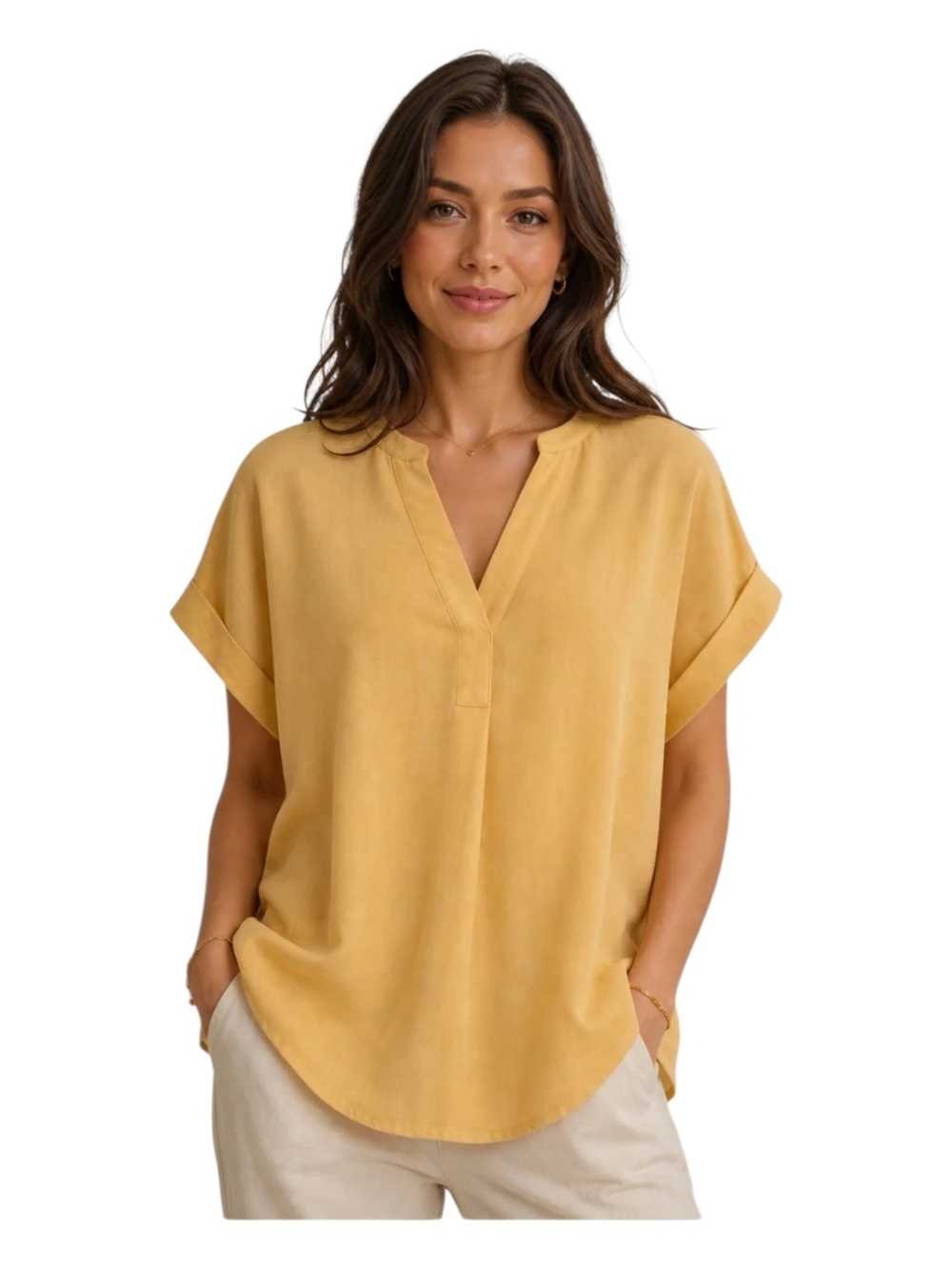 Rachel Roy Yellow Pop Over Split Neck Blouse XXXL